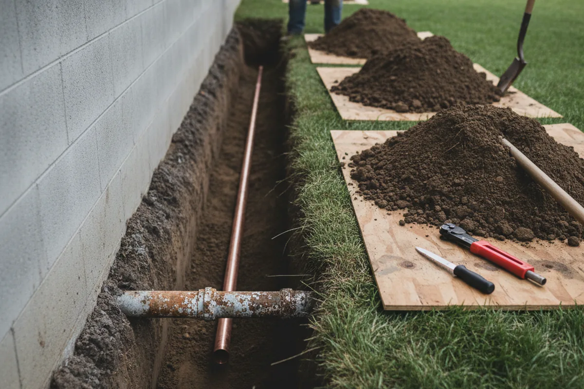 Excavated water line trench during Water Softener Installation in Hemingway